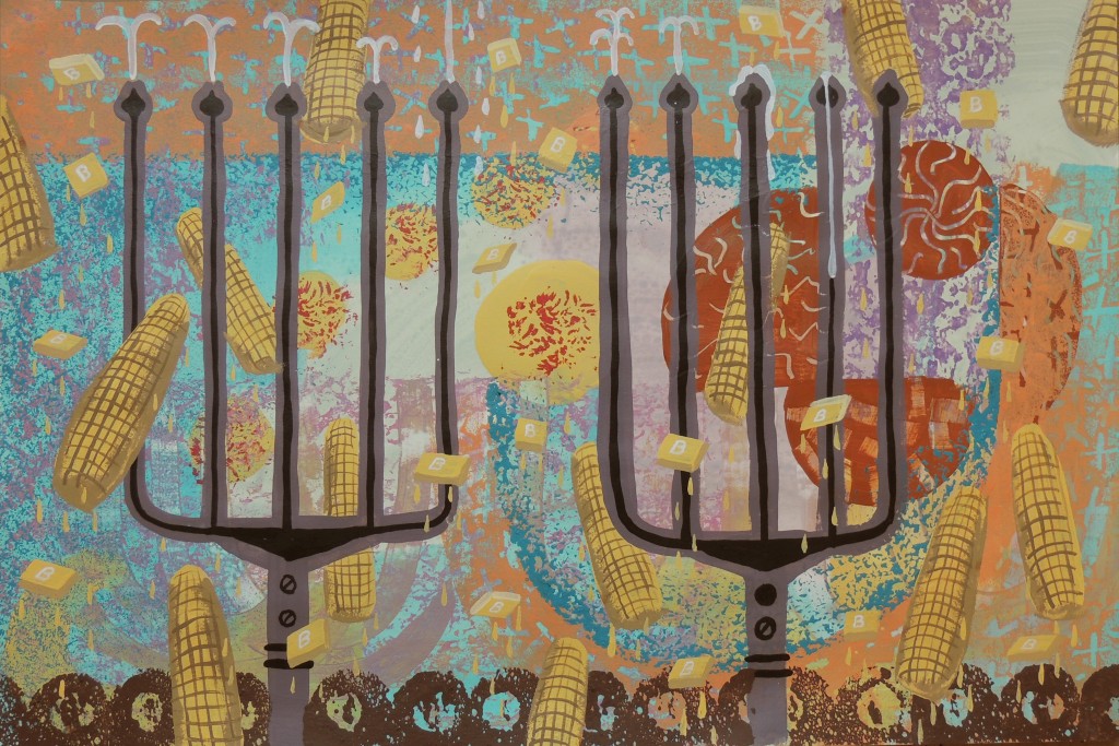 B For Butter Baby, 2014 acrylic on paper on MDF 26 x 40"