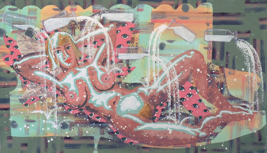 Don't Play With Your Milk, Drink It!, 2014 acrylic on paper on MDF 34 3/4 x 60 1/4"