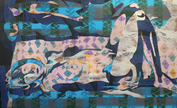 Lying Linda 2, 2017 inlaid paper collage 36 3/4 x 59"