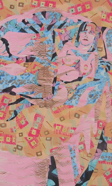 Patiently Waiting, 2018 acrylic on paper, inlaid collage 59 x 36 1/2"