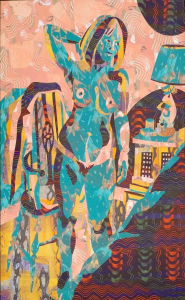 Woman Form Another World, 2017 acrylic on paper, inlaid collage 58 x 36"