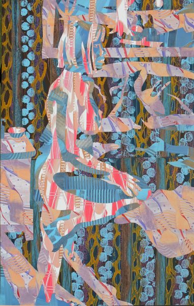 Turning In, 2018 acrylic on paper, inlaid collage 59 x 36 1/2"